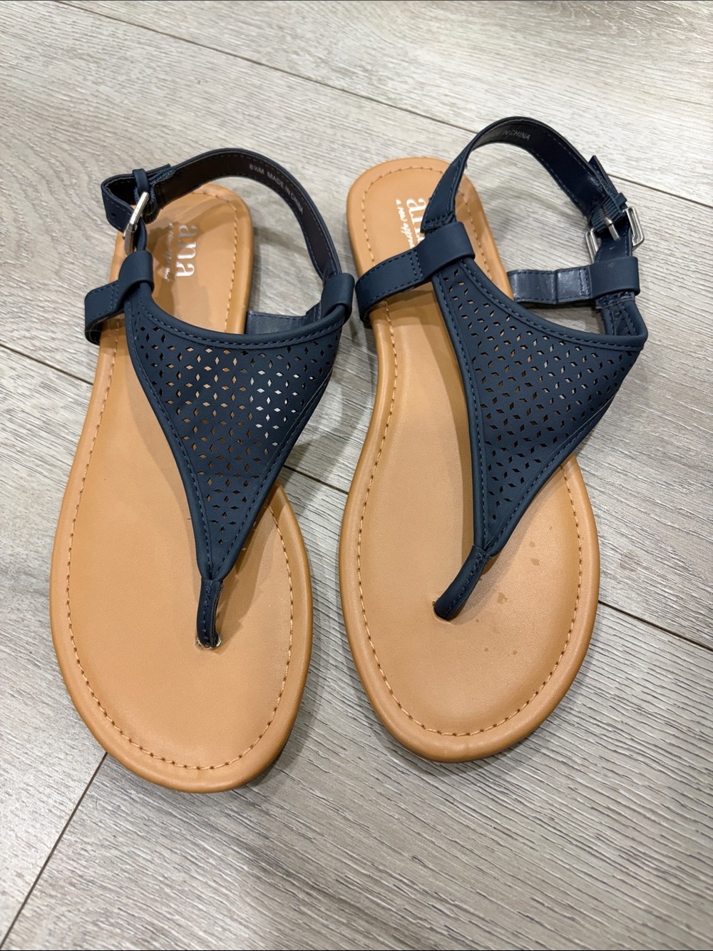 a.n.a Navy Perforated T-Strap Sandals with Tan Footbed